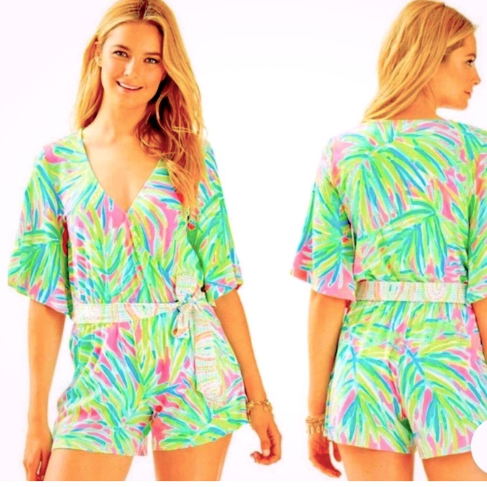 Lilly Pulitzer Madilyn Pull On Romper Tiki Jungle Tropical Resort Size XS
